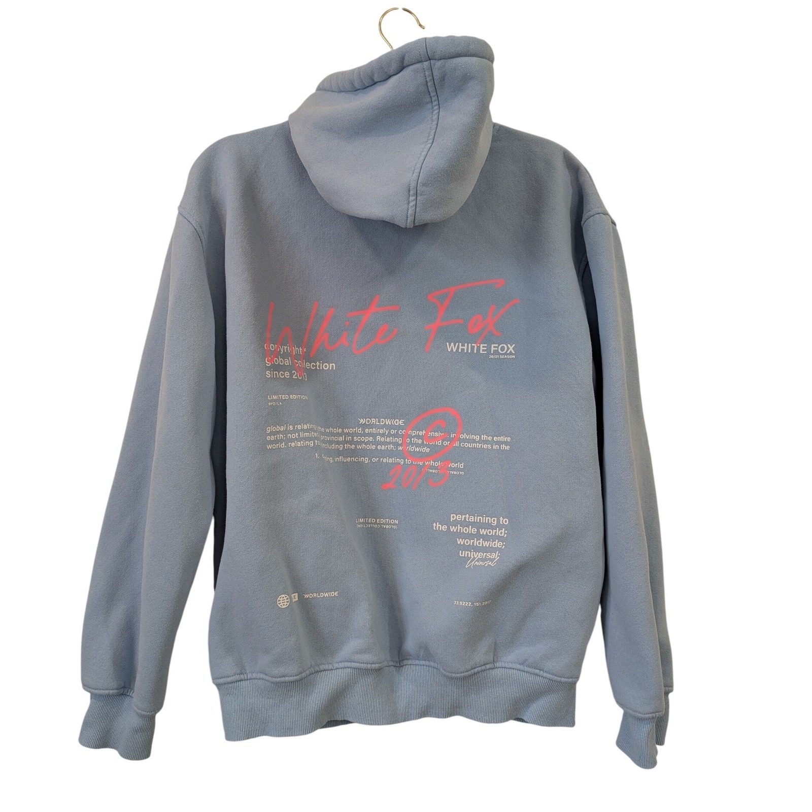 White Fox Boutique 2013 Light Blue Global Collection Graphic Hoodie Limited S/M